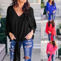 Fashion Deep V-neck Solid Color Self-tie Batwing Sleeve Chiffon Shirt