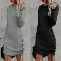 Fashion Round-neck Solid Color Long Sleeve Bandaged Side Bandaged Dress