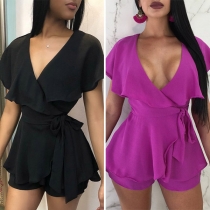 Fashion Solid Color Deep V-neck Lotus Spliced Short Sleeve Romper