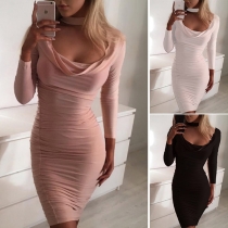 Fashion Solid Color Halter Long Sleeve Slim Fit Over-hip Dress