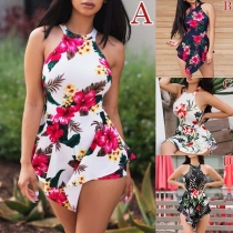 Fashion Halter Sleeveless Printed Pattern Irregular Hemline Romper