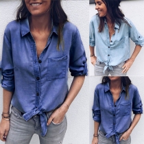 Fashion Lapel Solid Color Single-breasted Tab Sleeve Denim Shirt