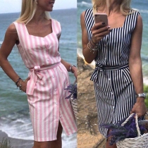 Fashion Square Neck Single-breasted Sleeveless Belted Striped Dress