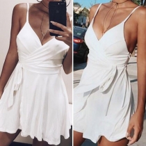 Fashion Sling Deep V-neck Solid Color Twist Sleeveless Pleated Hemline Dress