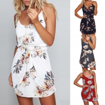 Fashion Deep Sling Deep V-neck Printed Pattern Sleeveless Slim Fit Short Dress