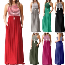 Fashion Striped Spliced Sleeveless Round Neck High Waist Dress