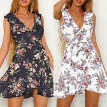 Sexy Deep V-neck Ruffle Hem Sleeveless Printed Dress
