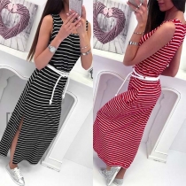 Fashion Sleeveless Round Neck Slit Hem Striped Maxi Dress