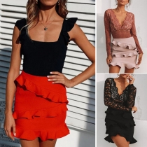 Fashion Solid Color High Waist Ruffle Skirt 