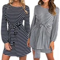 Fashion Long Sleeve Round Neck Lace-up Striped Dress
