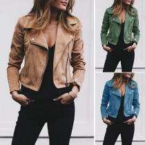 Fashion Solid Color Long Sleeve Oblique Zipper Jacket 