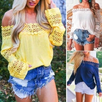 Sexy Off-shoulder Boat Neck Lace Spliced Long Sleeve Top 