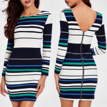 Sexy Backless Long Sleeve Round Neck Slim Fit Striped Dress