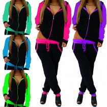 Fashion Contrast Color Sweatshirt Coat + Pants Sports Suit