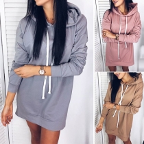 Fashion Solid Color Long Sleeve Hooded Sweatshirt Dress