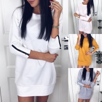 Fashion Solid Color Zipper Long Sleeve Round Neck Dress