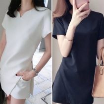 Fashion Solid Color Short Sleeve Side-slit Hem Top + Shorts Two-piece Ste 