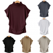 Fashion Solid Color Short Sleeve Mock Neck T-shirt 