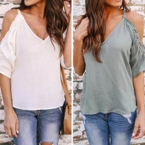 Sexy Off-shoulder Short Sleeve V-neck Sling T-shirt 
