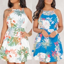 Sexy Backless High Waist Sling Printed Dress