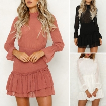 Sexy Lantern Sleeve Stand Collar Ruffle Hem See-through Dress