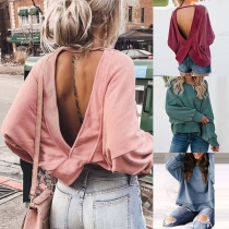 Sexy Crossover Backess Long Sleeve Solid Color Top