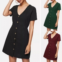 Fashion Solid Color Short Sleeve V-neck Single-breasted Dress