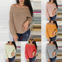 Sexy Off-shoulder Boat Neck Long Sleeve Solid Color Sweater