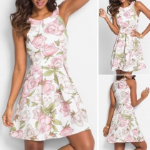 Fashion Round Neck Sleeveless Floral Dress