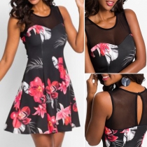 Fashion Round Neck Sleeveless Mesh Spliced Floral Dress