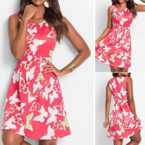 Fashion Round Neck Butterfly Print Sleeveless Dress 