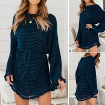 Fashion Round Neck Self-Tie Tassel Trim Long Sleeve Dress