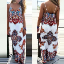 Bohemian Style Backless V-neck Printed Sling Dress