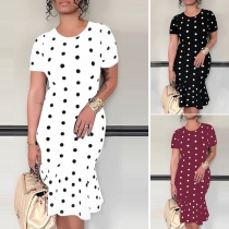 Sexy Round Neck Flounce Hem Slim-Fit Polka Dot Short Sleeve Dress