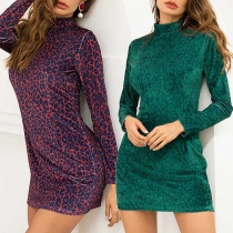 Fashion Long Sleeve Mock Neck Leopard Print Dress