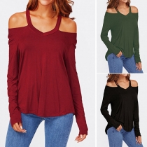 Sexy Off-shoulder Long Sleeve Solid Color Halter T-shirt 