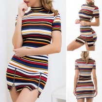 Fashion Short Sleeve Mock Neck Zipper Hem Slim Fit Striped Dress