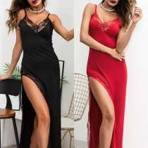 Sexy Backless V-neck Slit Hem Lace Spliced Sling Dress