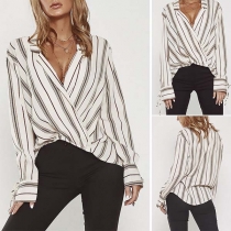 Fashion Long Sleeve V-neck Loose Striped Blouse 