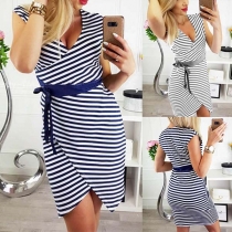 Sexy V-neck Sleeveless Irregular Hem Slim Fit Striped Dress