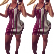 Fashion Sleeveless Round Neck Striped Bodycon Dress