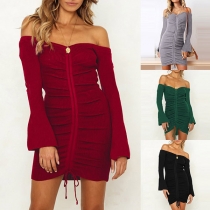 Sexy Off-shoulder Boat Neck Long Sleeve Slim Fit Knit Dress