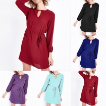 Fashion Solid Color Long Sleeve Round Neck Loose Dress