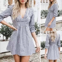 Sexy Deep V-neck 3/4 Sleeve Plaid Dress