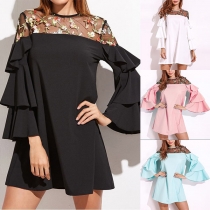 Sexy See-through Gauze Spliced Trumpet Sleeve Loose Dress