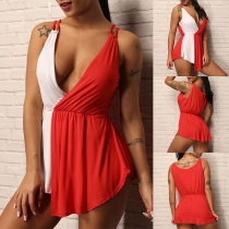 Sexy Deep V-neck Irregular Hem Contrast Color Sling Dress
