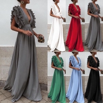 Sexy Deep V-neck Lotus Sleeve High Waist Solid Color Party Dress