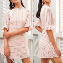 Elegant Solid Color Half Sleeve Round Neck Hollow Out Dress