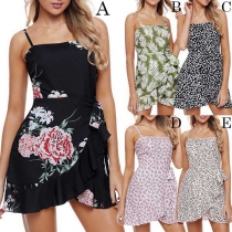 Sexy Backless Irregular Ruffle Hem Printed Sling Dress