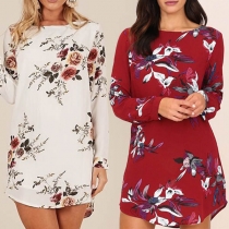 Fresh Style Long Sleeve Round Neck Loose Printed Dress